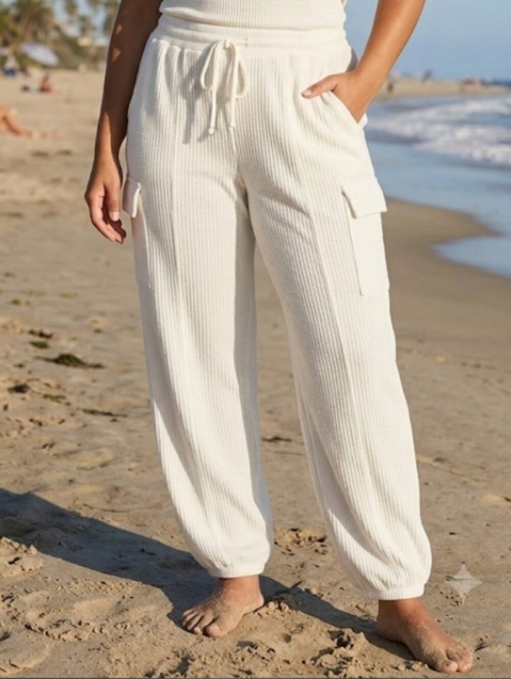 Cargo Sweatpants Atleasue Ivory XL Relaxed Waffle Knit Resort Travel Weekend New